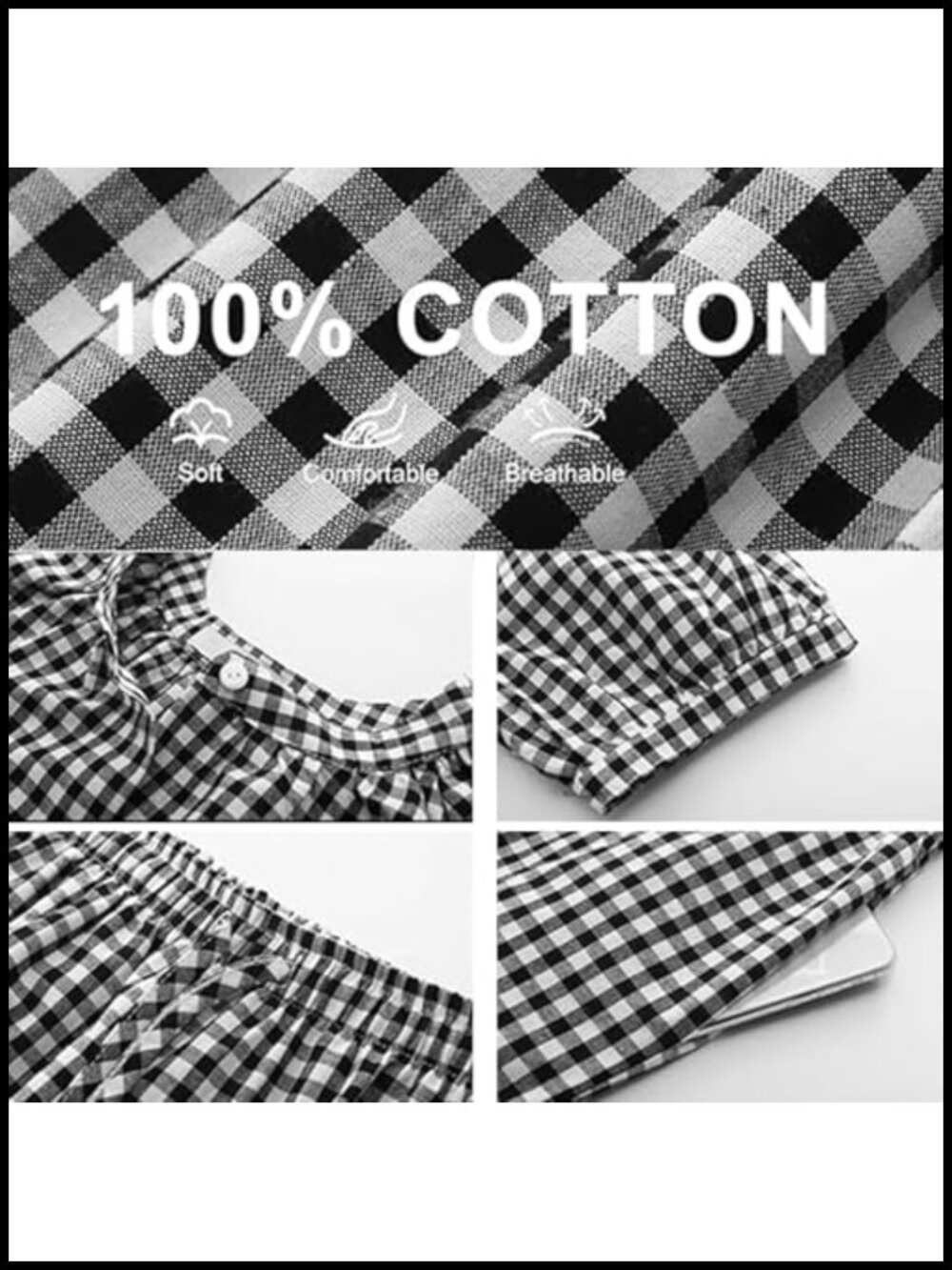 Cotton Gingham 2 Piece Pajama Set Babydoll and Pants Soft Plaid Pjs Sleepwear - Picture 3 of 4